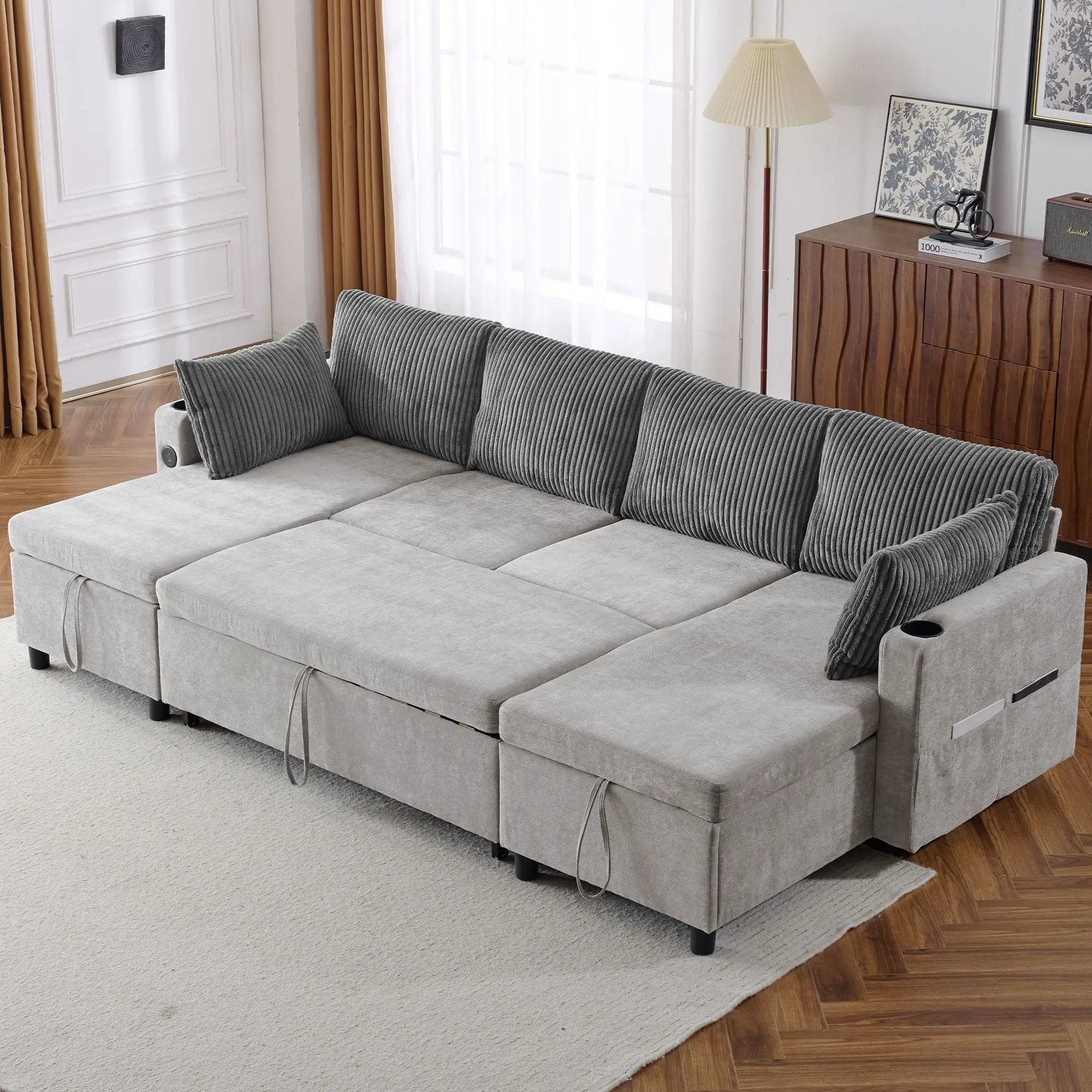 Sectional Sofa Bed With Pull Out Sleeper, USB Ports, Cup Holders by HouseOfZazla