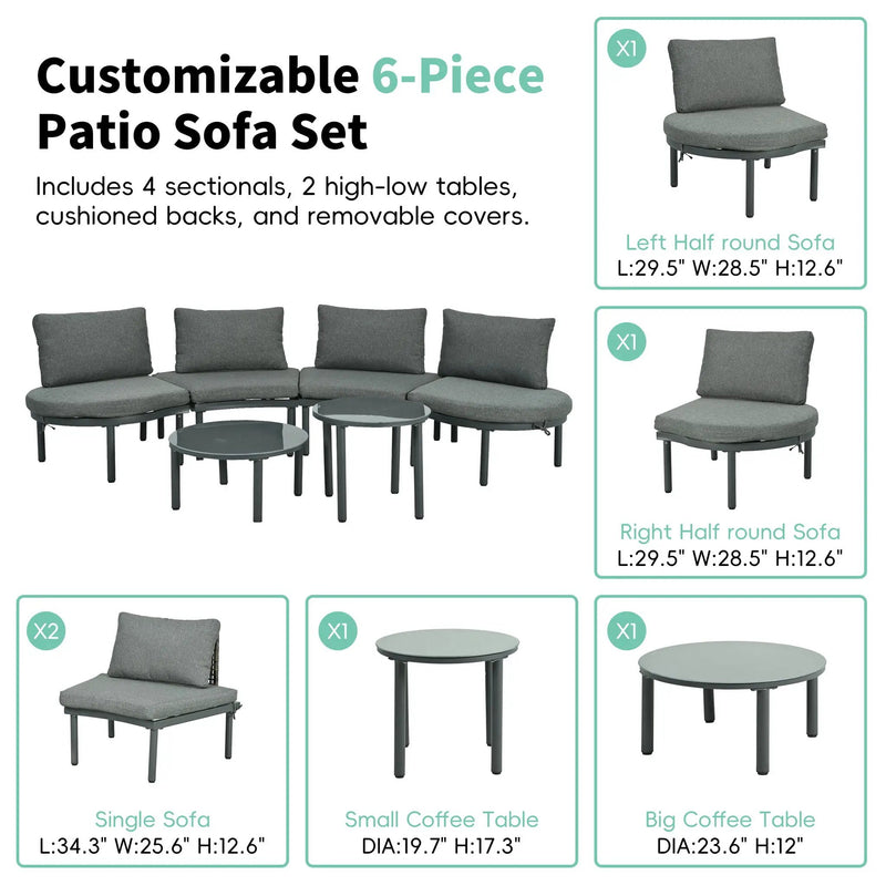 6 Piece Patio Set, Half Moon Outdoor Sectional Sofa With 2 High Low Coffee Tables, 4 Pillows & Cushions by HouseOfZazla
