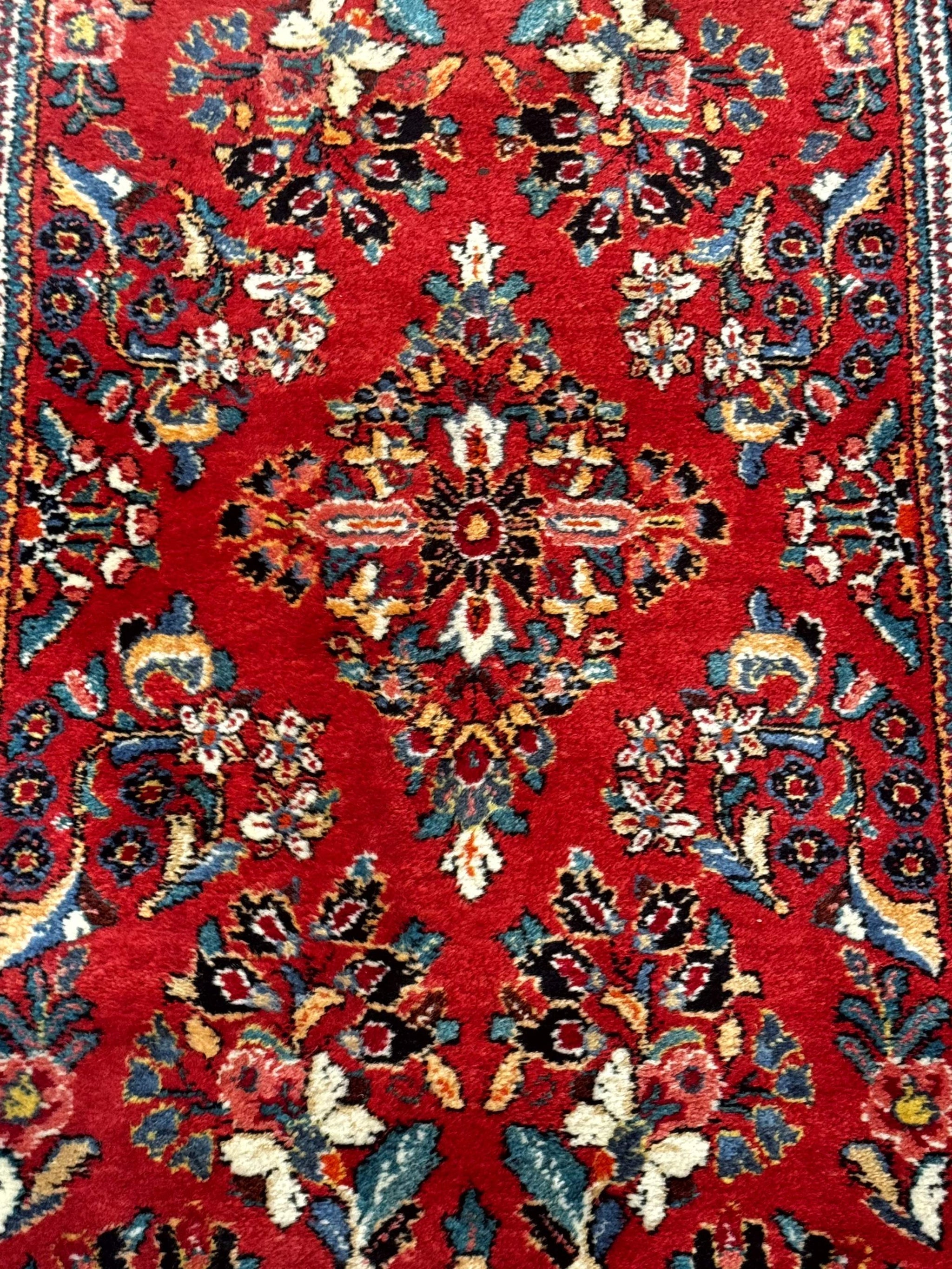 Persian Sarouk Runner Rug 3x12, Red Floral 3 x 12ft Runner, Vintage, Wool by Jewel Rugs
