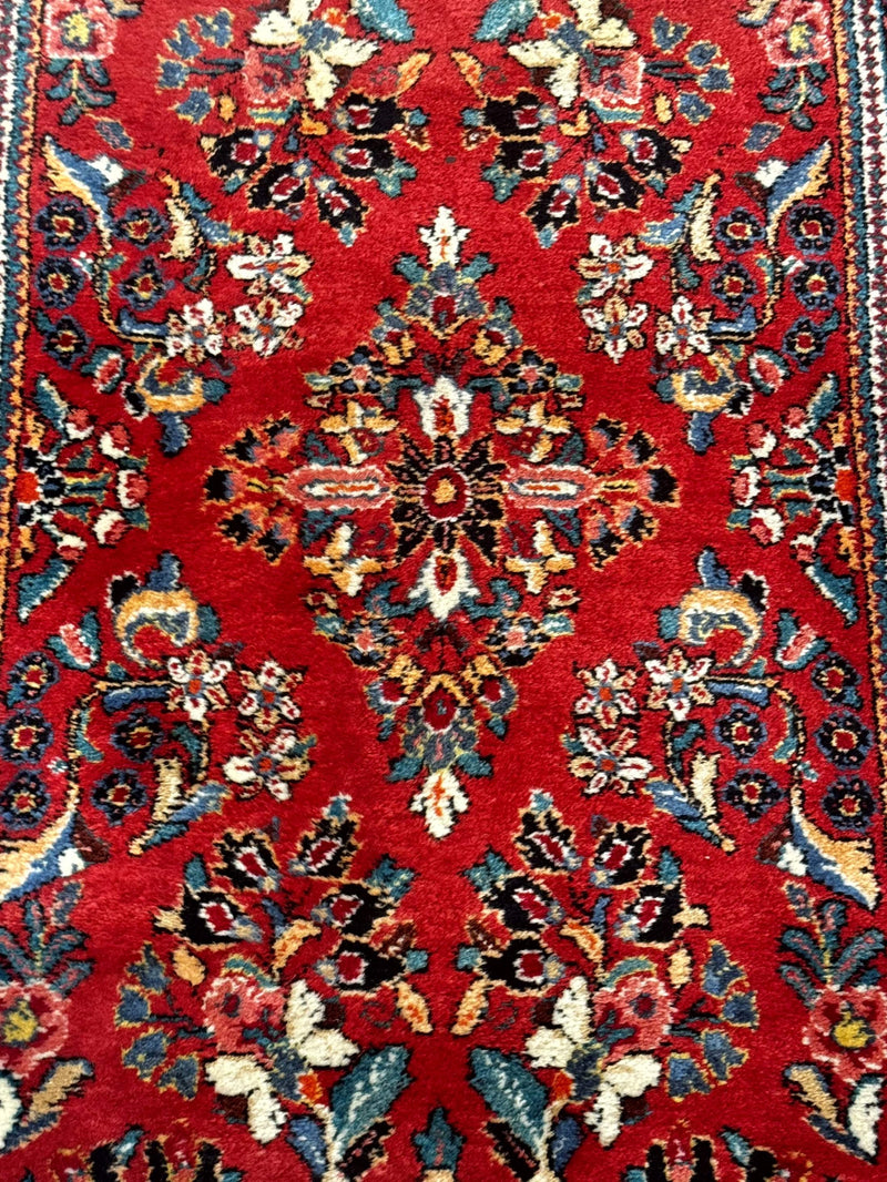 Persian Sarouk Runner Rug 3x12, Red Floral 3 x 12ft Runner, Vintage, Wool by Jewel Rugs