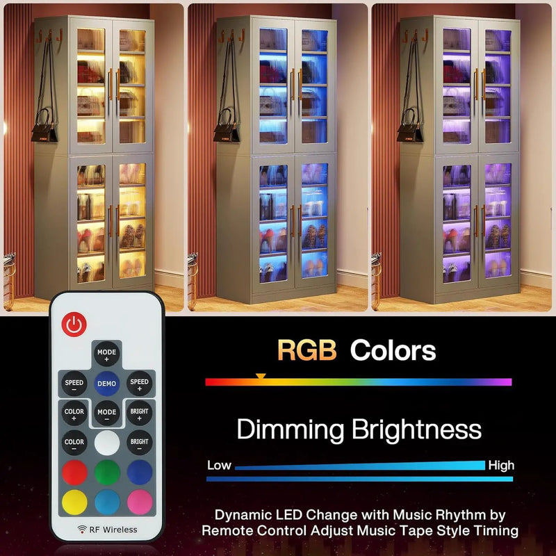 Bookcase With Doors And LED Lighting, 8 Adjustable Shelves Storage Cabinet