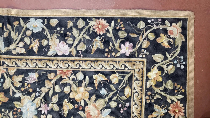 6x9 Vintage Needlepoint Rug, Petitepoint Carpet, Butterflies Floral Design by Jewel Rugs