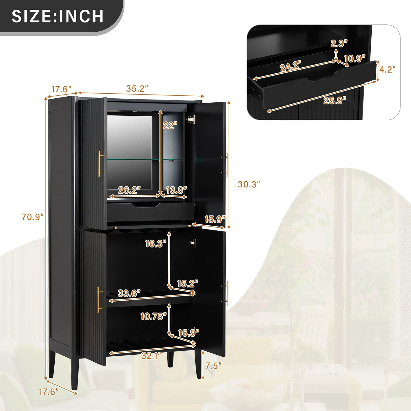 U_STYLE Modern Fluted Wine Cabinet with Glass Display & Stemware Rack by HouseOfZazla