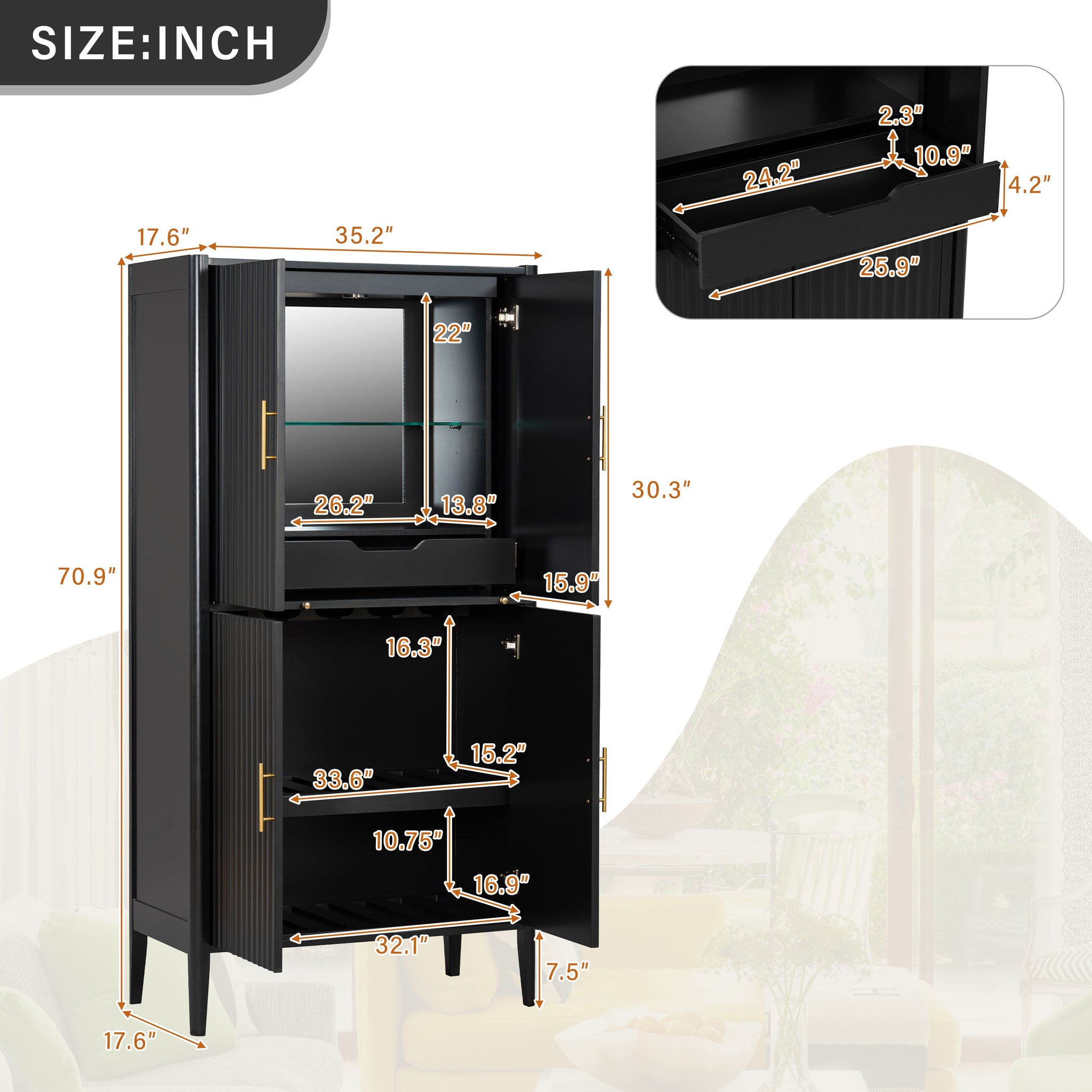 U_STYLE Modern Fluted Wine Cabinet with Glass Display & Stemware Rack by HouseOfZazla