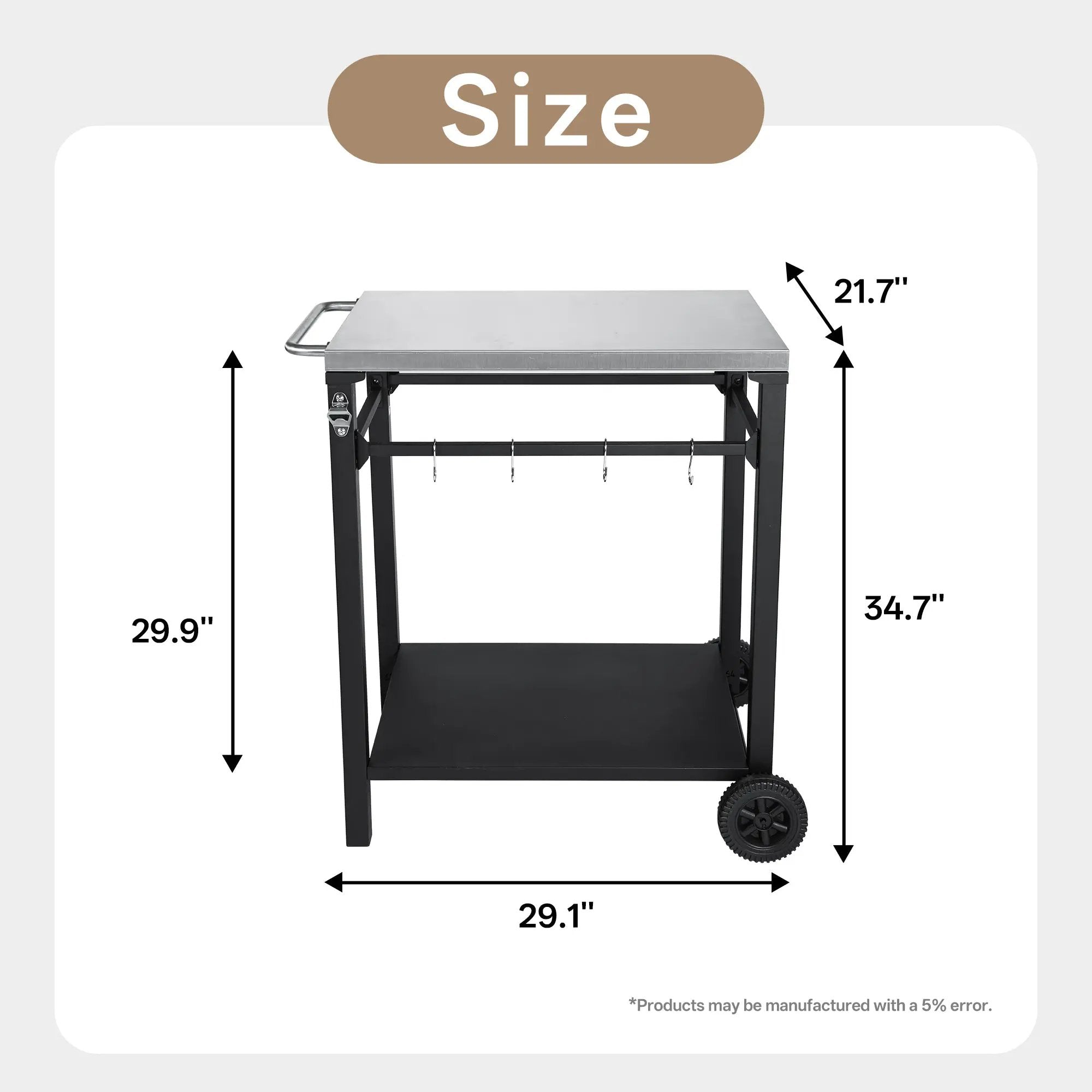 2-Tier Outdoor Grill Cart with Stainless Steel Top, Large Wheels & Tool Hooks by HouseOfZazla