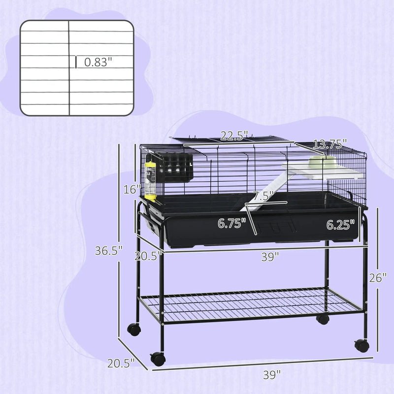 Pawhut - Two-Story Small Animal Cage Removable From Stand, Guinea Pig Cage, Hedgehog Cage, Chinchilla Cage, Ferret, With Shelf & Wheels, Pet Habitat - Black by HouseOfZazla