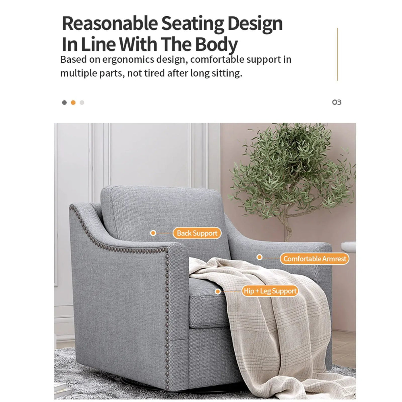 360 Degree Swivel Armchair, Skin Friendly Fabric, Ergonomic Design, Brass Nail Decorative Armchair by Unique Piece Furniture