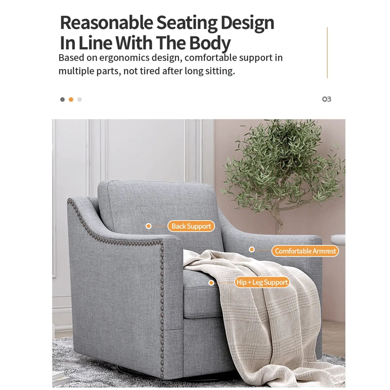 360 Degree Swivel Armchair, Skin Friendly Fabric, Ergonomic Design, Brass Nail Decorative Armchair by Unique Piece Furniture