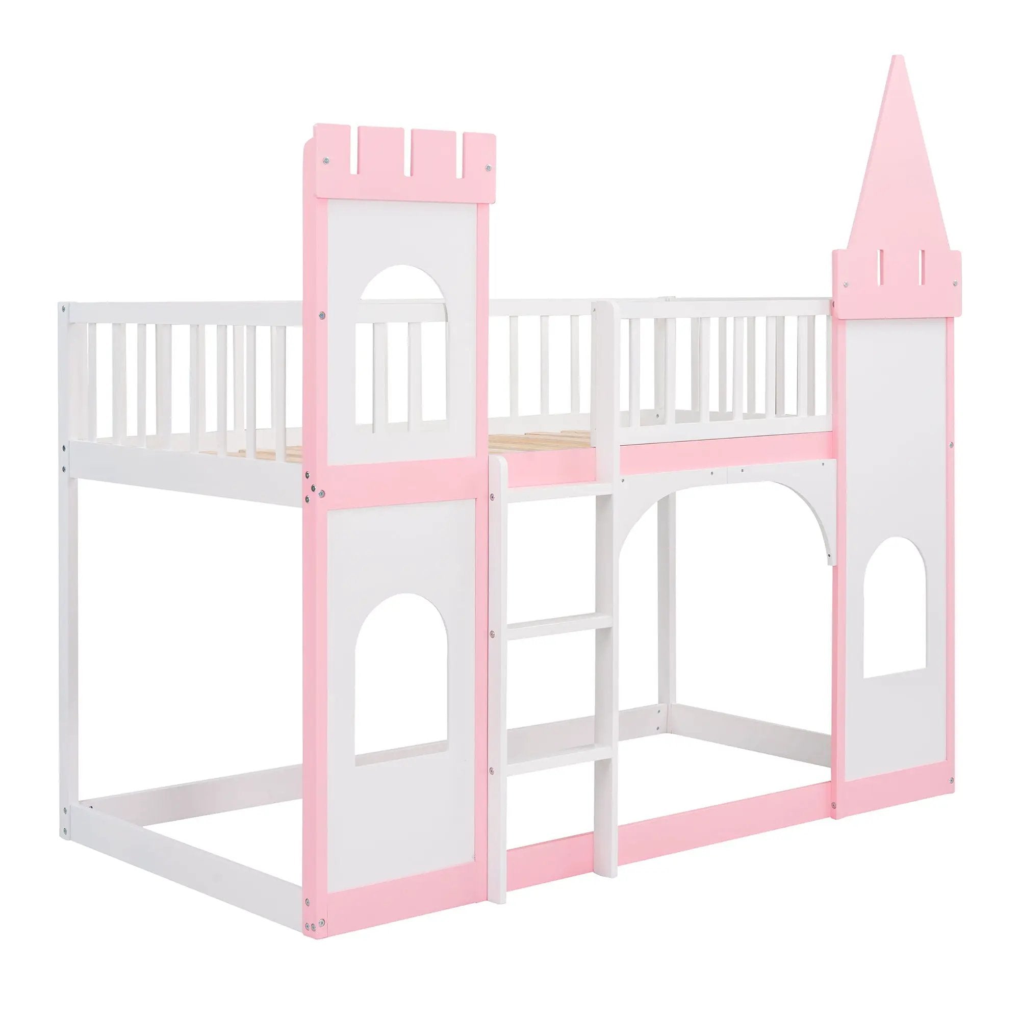 Twin Over Twin Castle Bunk Bed With Ladder - Pink by HouseOfZazla
