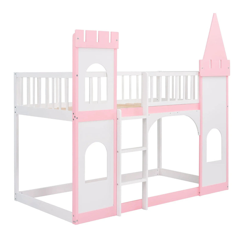 Twin Over Twin Castle Bunk Bed With Ladder - Pink by HouseOfZazla