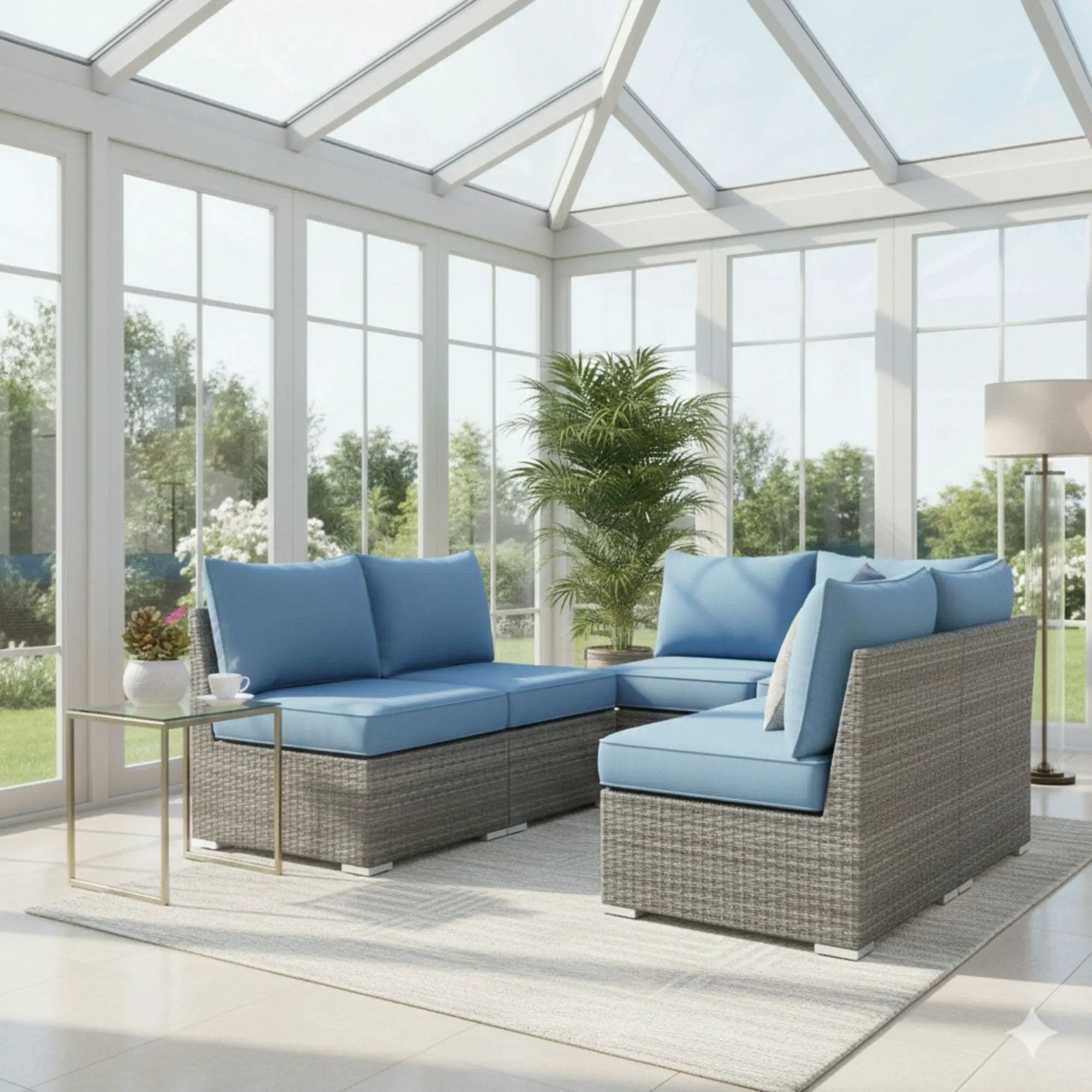 Armless Patio Sofa Set, With UV Resistant Frame And Waterproof Cushions - Blue / Brown
