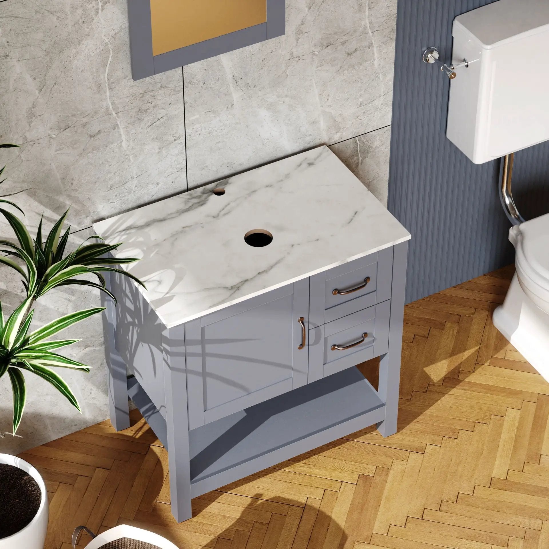 30" Gray Bathroom Vanity And Sink Combo Marble Pattern Top With Mirror Faucet & Drain - Gray by HouseOfZazla