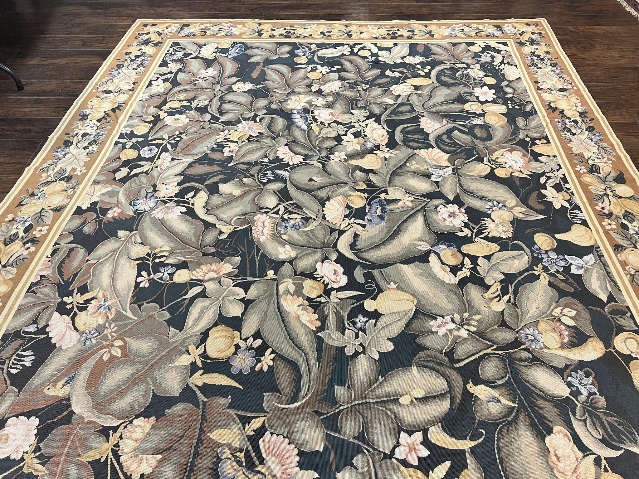Large Needlepoint Rug 9x13, Handmade Wool Flatweave Vintage Rug, Leaves, Green by Jewel Rugs