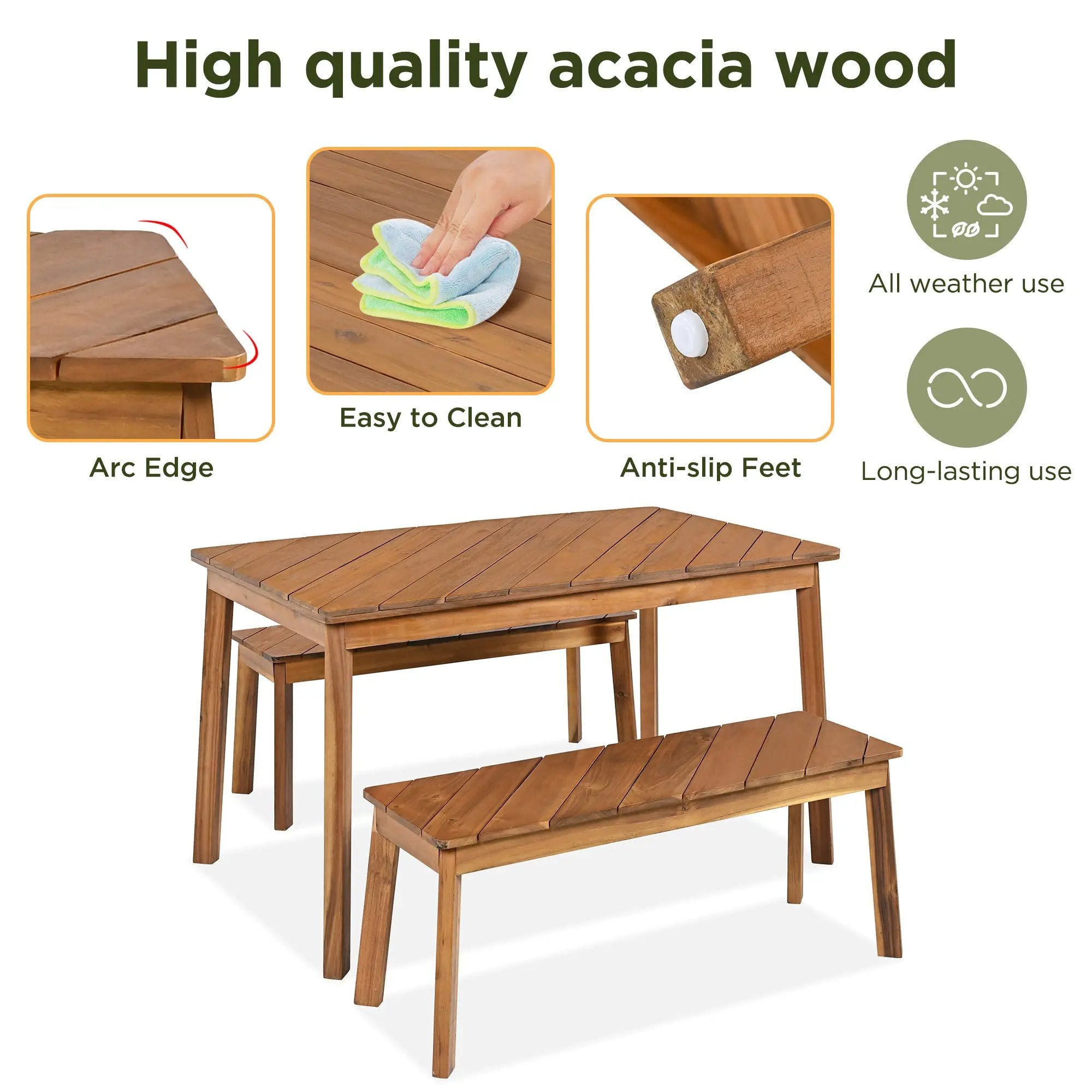 Go 3-Piece Acacia Wood Table Bench Dining Set by HouseOfZazla