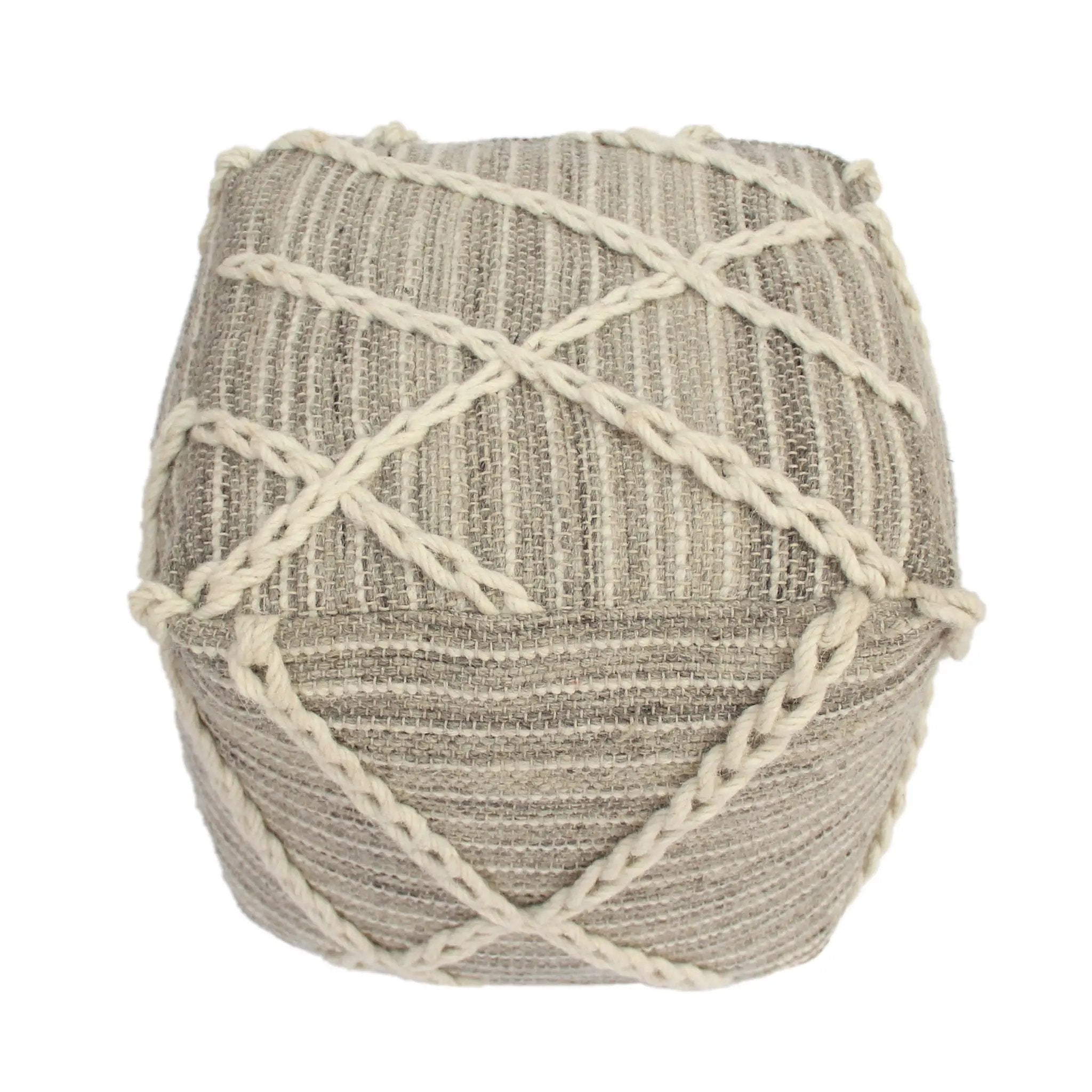 Modern Wool Rope Square Pouf Ottoman Floor Cushion - Gray / Ivory by Unique Piece Furniture