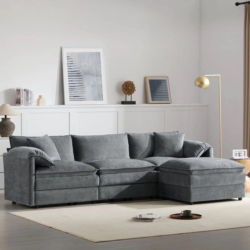 Modular Sectional With Deep And Wide Seat, Cloud Couch Set With Double Cushions Sofa With Movable Ottoman by HouseOfZazla