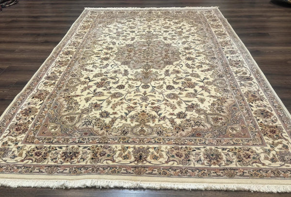 Sino Persian Rug 6x9, Floral Medallion, Ivory & Taupe, Wool with Silk Highlights, Fine 210 KPSI