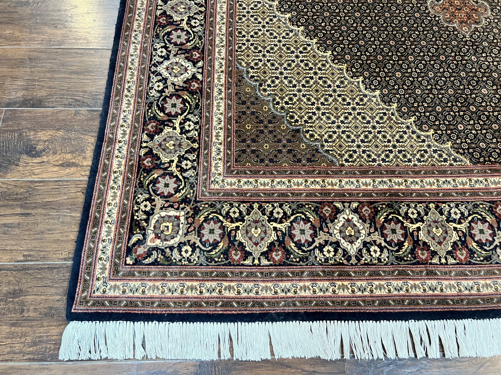 Persian Tabriz Rug 7x10, Very Fine 330 KPSI 50 Raj, Black and Beige, Handmade Wool Vintage Persian Carpet by Jewel Rugs