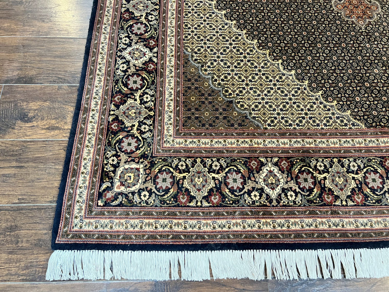 Persian Tabriz Rug 7x10, Very Fine 330 KPSI 50 Raj, Black and Beige, Handmade Wool Vintage Persian Carpet by Jewel Rugs