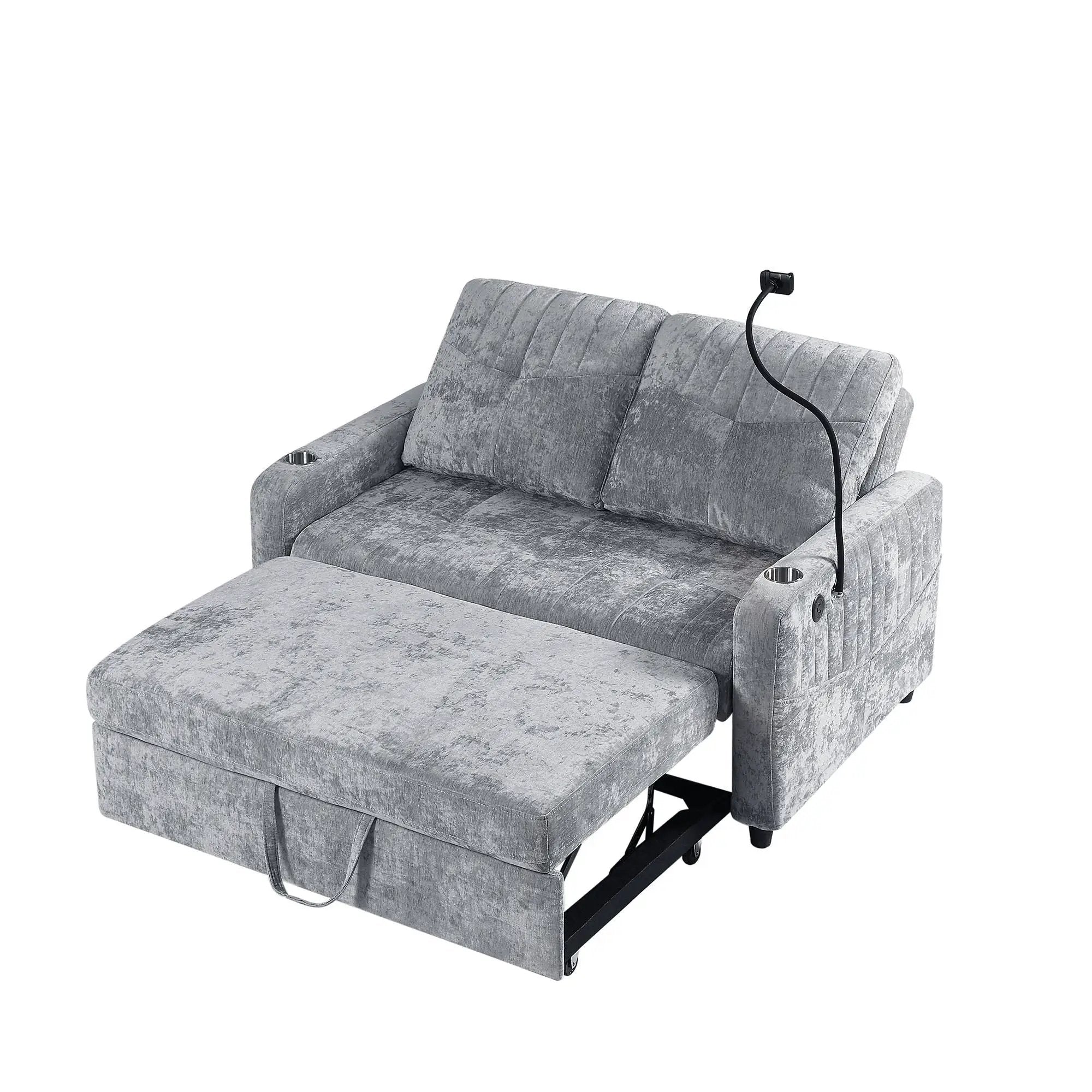 Modern Loveseat Pull Out Sofa Bed With Adjustable Backrest, Two Cup Holders, A Phone Holder, Three Charging Ports And Side Storage Pockets For Living Room by HouseOfZazla