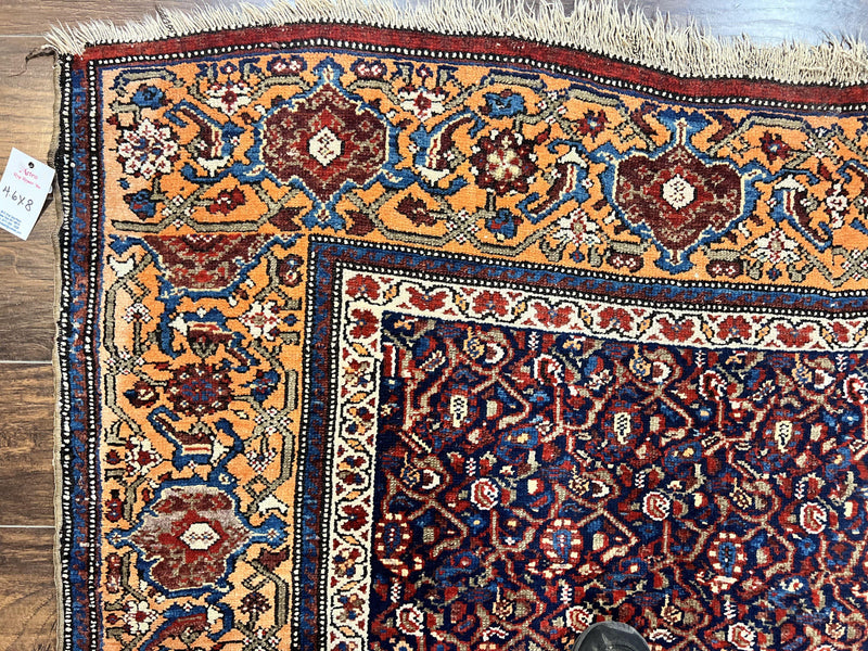 Persian Senneh Rug 4x8, Wool Hand Knotted Antique Kurdish Carpet, Navy Blue Oriental Area Rug, 4 x 8 Rug by Jewel Rugs