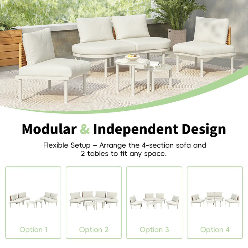 6 Piece Patio Set, Half Moon Outdoor Sectional Sofa With 2 High Low Coffee Tables, 4 Pillows & Cushions by HouseOfZazla