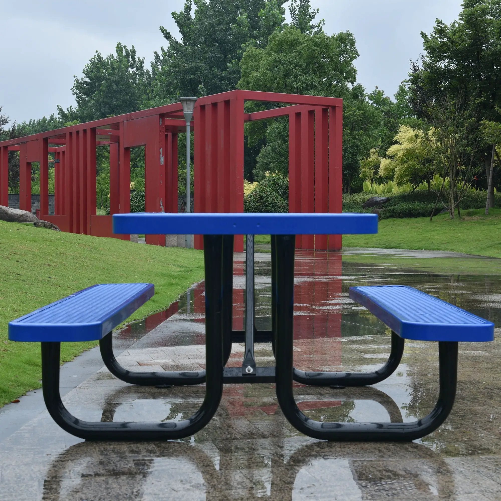 Square Outdoor Steel Picnic Table, With Umbrella Pole by Unique Piece Furniture