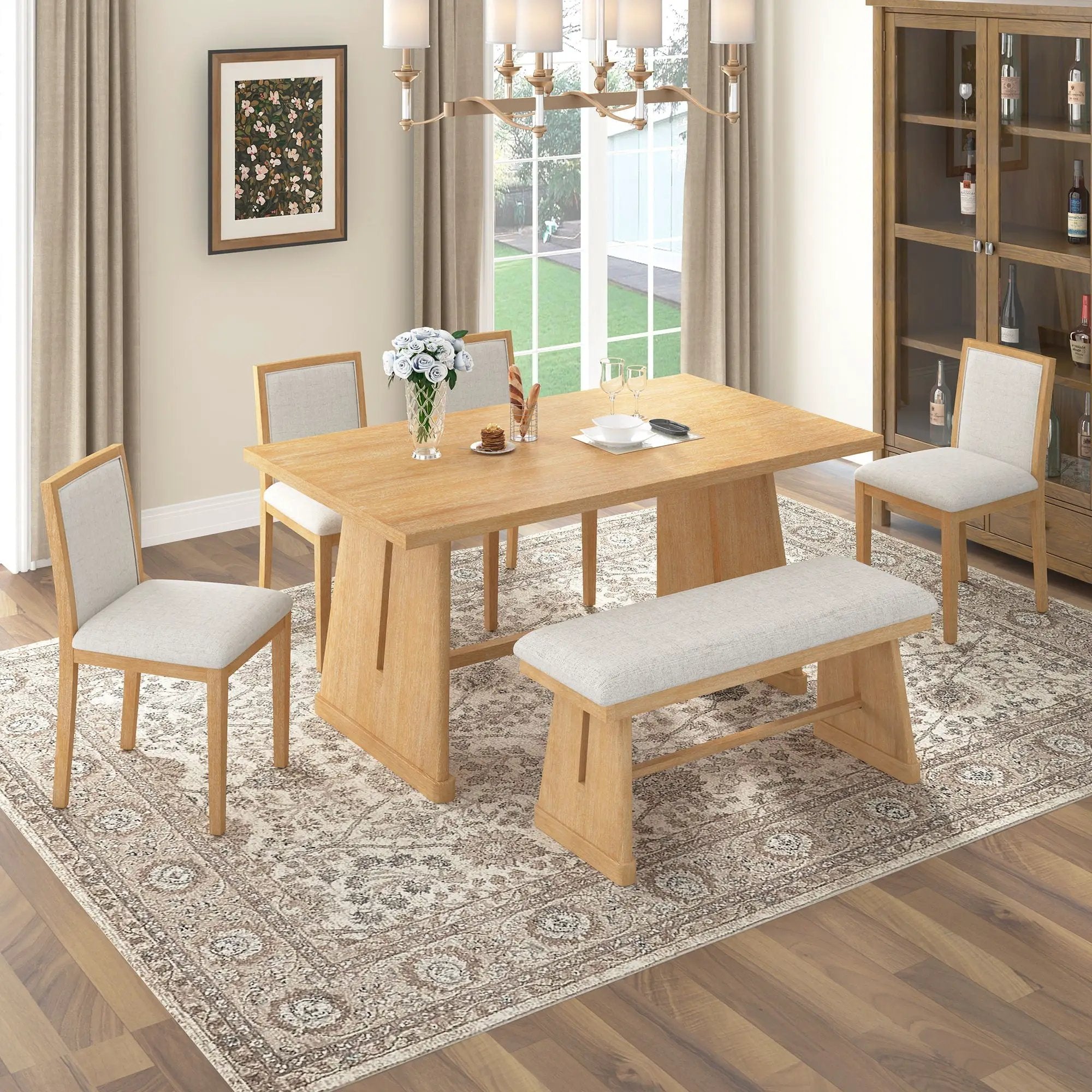 Dining Set With Rectangular Table, 4 Upholstered Chairs & 1 Padded Bench by Unique Piece Furniture