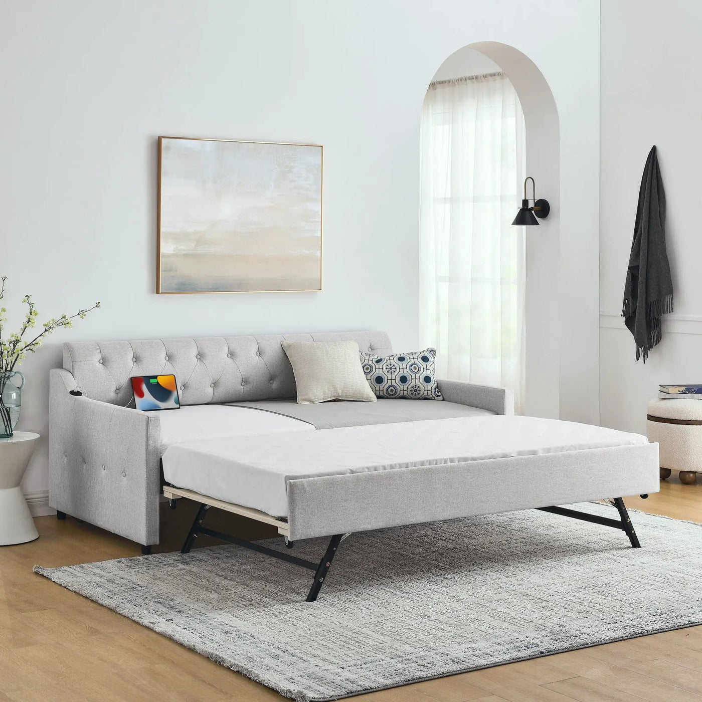 Size Upholstered Daybed With Trundle And USB Charging Armrest by Unique Piece Furniture