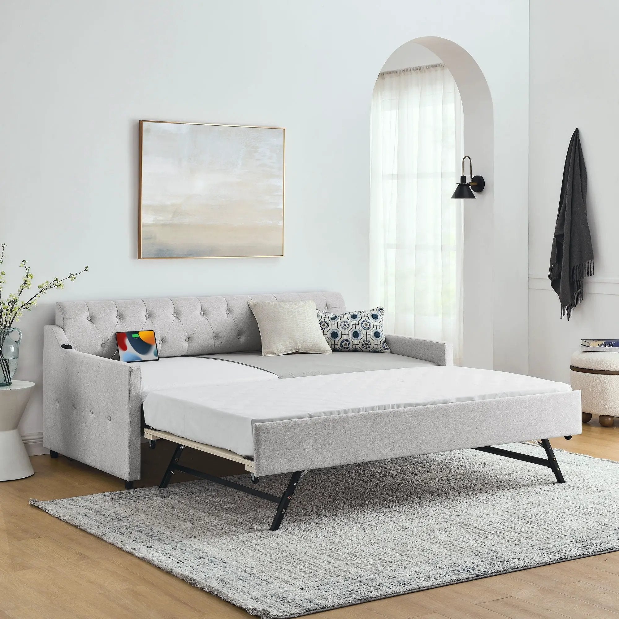 Size Upholstered Daybed With Trundle And USB Charging Armrest by Unique Piece Furniture