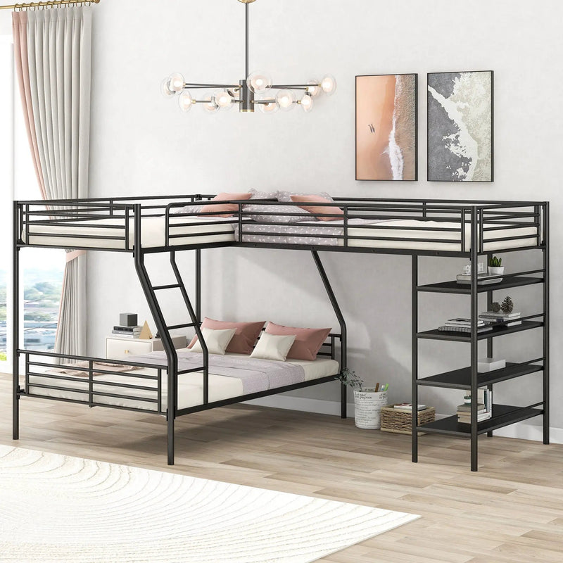 L-Shaped Twin Over Full Bunk Bed And Twin Loft Bed With 4 Built In Shelves - Black by Unique Piece Furniture