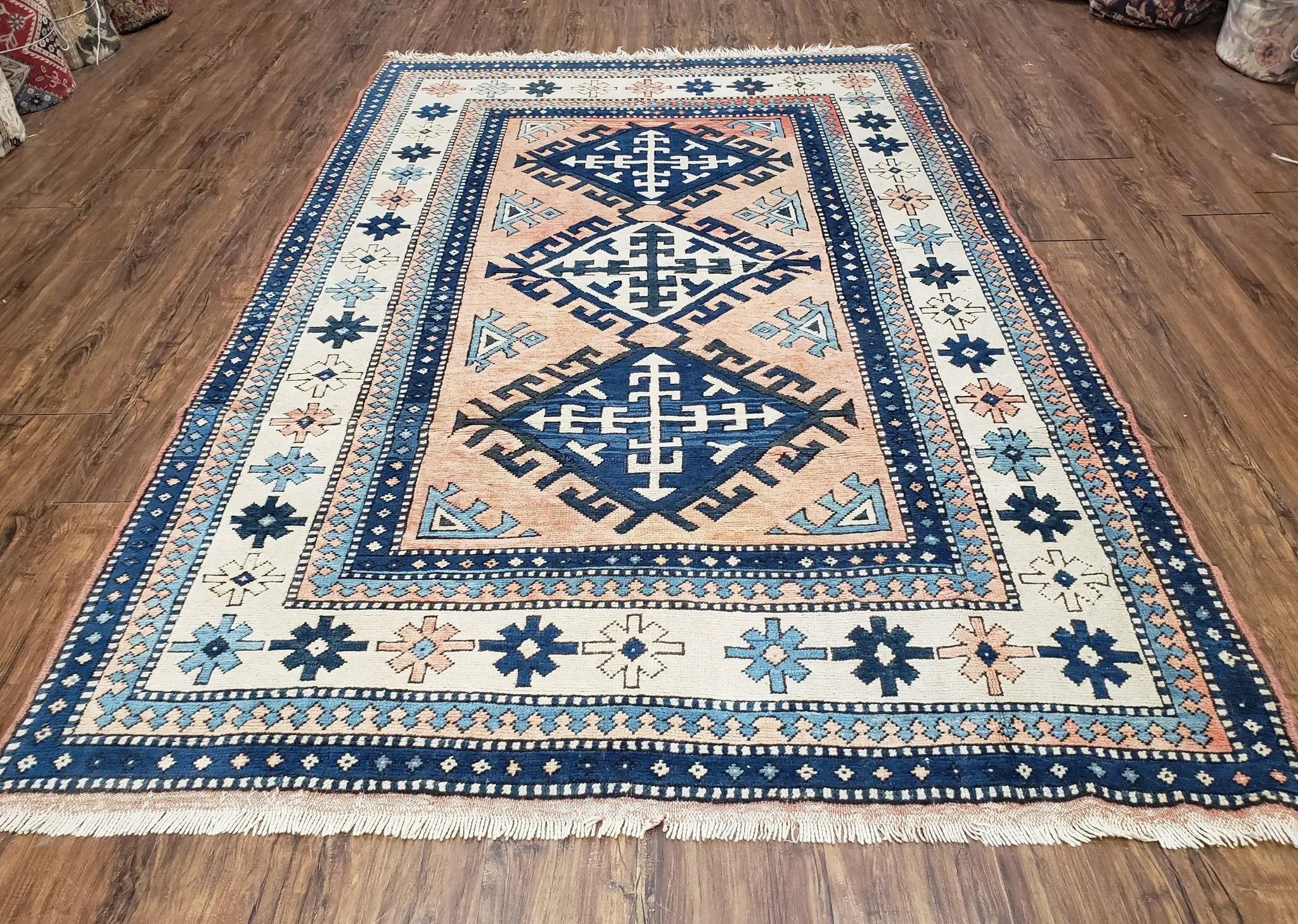 Turkish Kazak Rug 5x8 ft, Bold Geometric Bohemian Carpet, Blue and Ivory Hand Knotted Area Rug, Medium Sized High Quality Wool Oriental Rug by Jewel Rugs