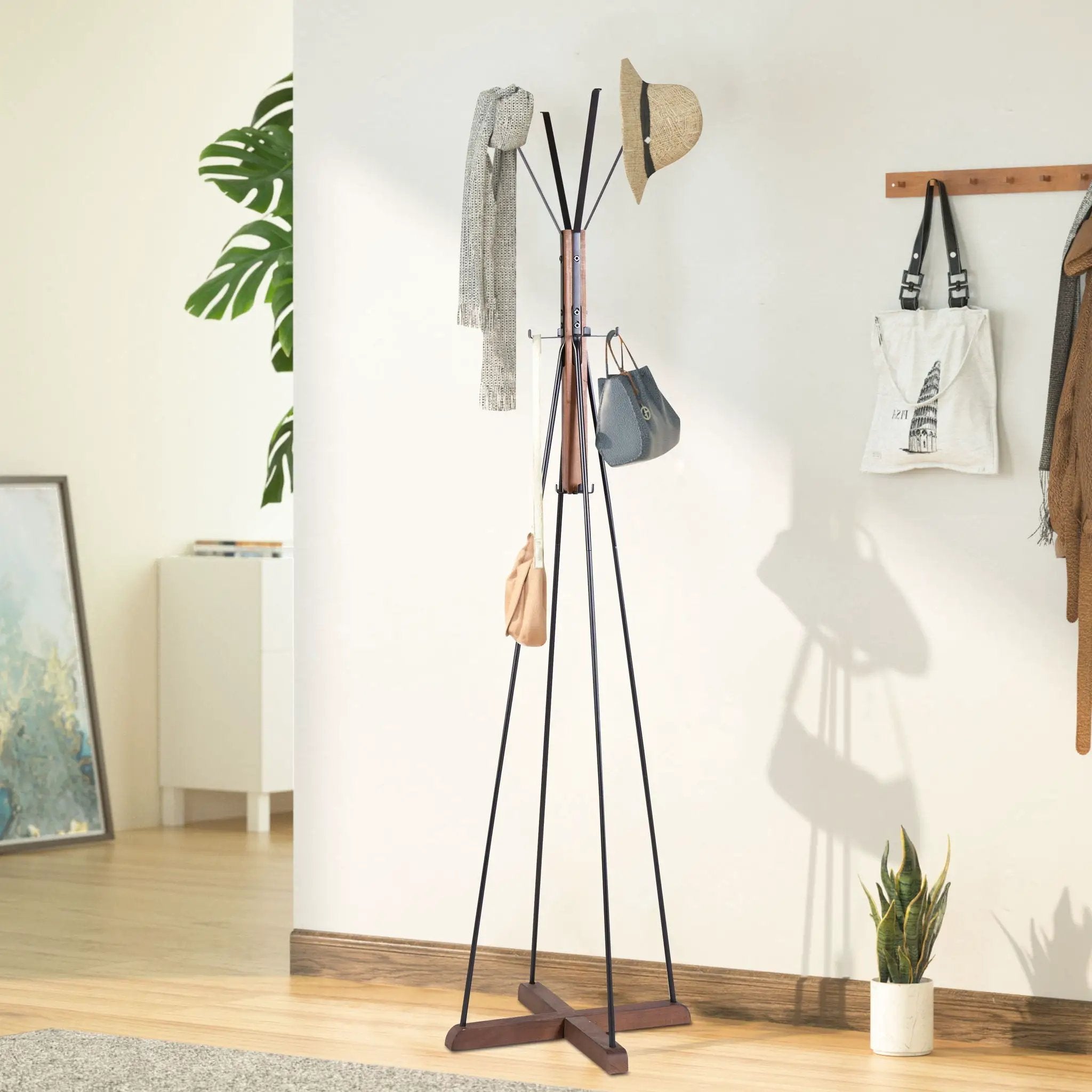 Reclaimed Wood And Metal Freestanding Coat Rack With Hooks Use In Bedroom, Living Room - Natural by HouseOfZazla