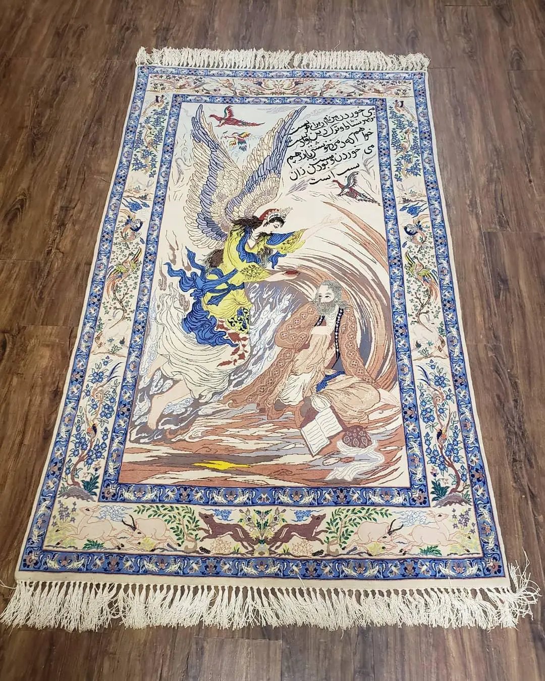 Semi Antique Persian Pictorial Rug 3'6" x 6", Angel Speaking to Prophet, Kork Wool on Silk Foundation, Detailed, Animals, Poetry, Wall Hanging Rug by Jewel Rugs