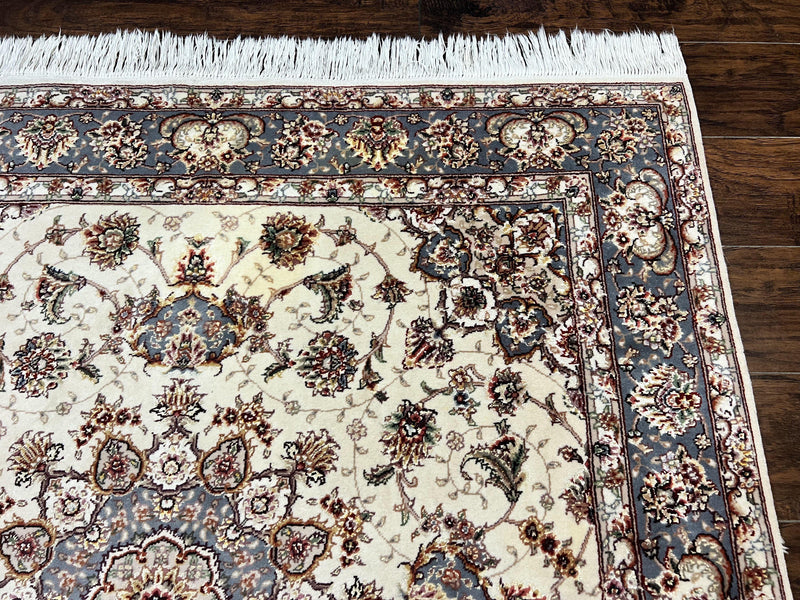 Sino Persian Square Rug 5x5, Very Fine Oriental Carpet, Wool & Silk Highlights, Ivory, Hand Knotted Handmade Vintage Traditional Rug by Jewel Rugs