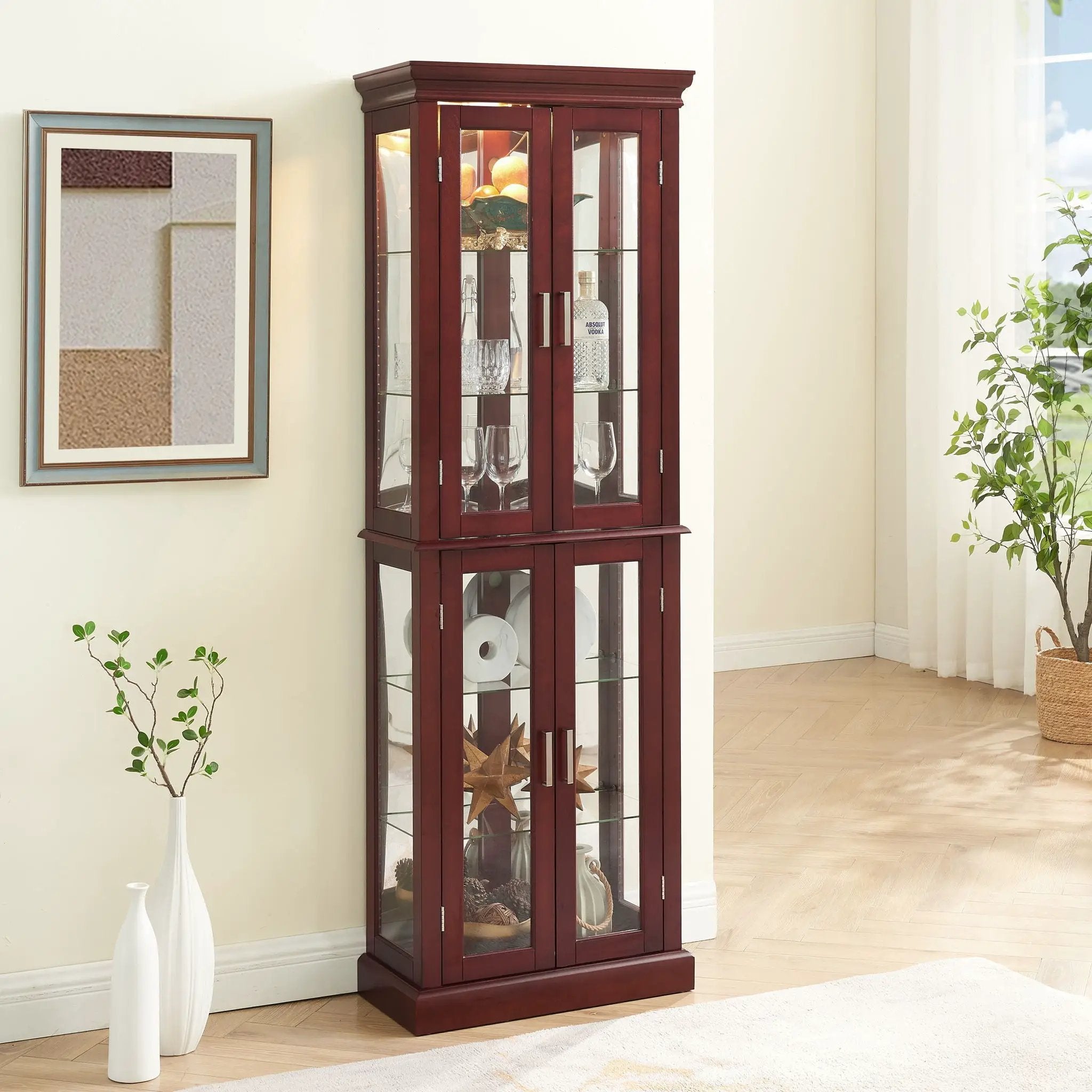 Curio Cabinet Lighted Curio Diapaly Cabinet With Adjustable Shelves And Mirrored Back Panel, Tempered Glass Doors (6 Tier), (E26 Light Bulb Not Included) by Unique Piece Furniture