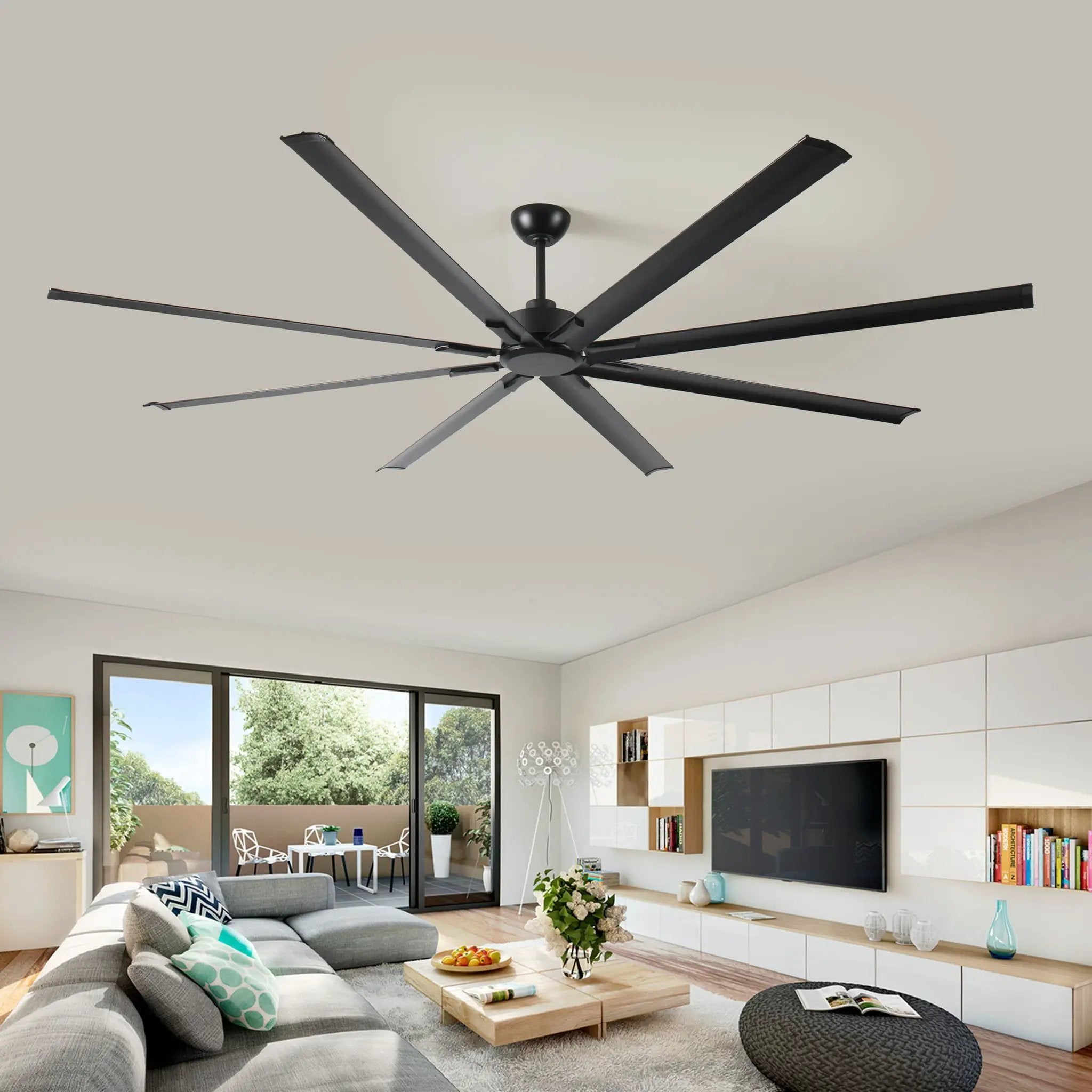Industrial DC Motor Ceiling Fan, Large Ceiling Fan With 8 Reversible Blades, 5 Speed Remote Control, Home Or Commercial Ceiling Fans For Porch / Garage / Shop - Black by Unique Piece Furniture