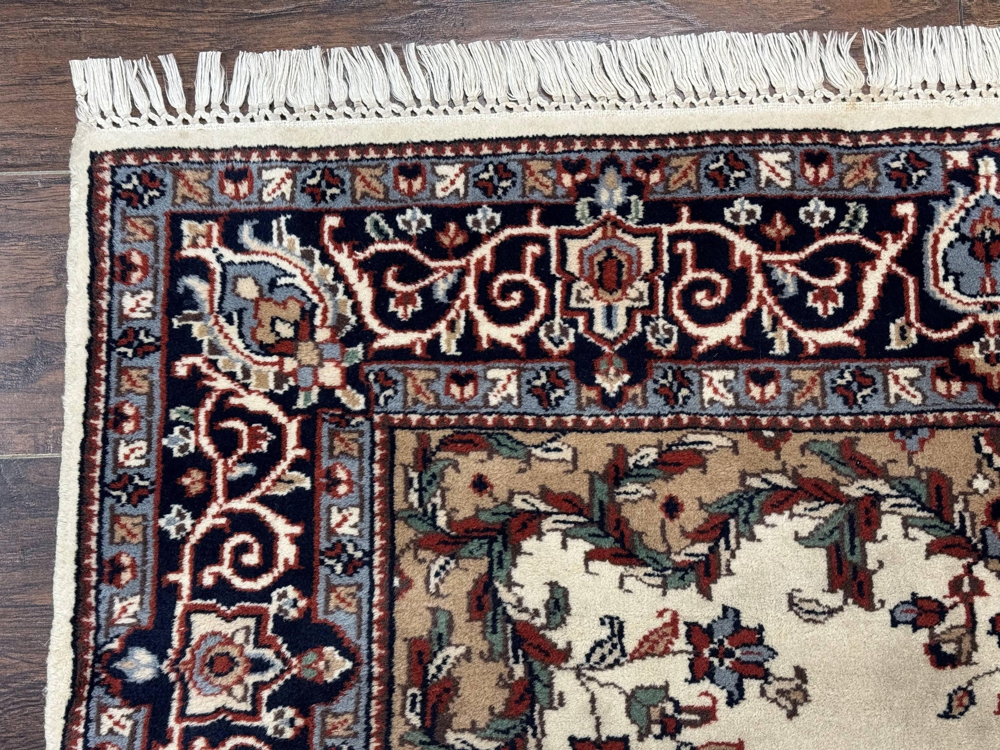 Indian Kashmiri Rug 4x6, Ivory Beige Navy Blue, Traditional Indo Persian Rug by Jewel Rugs