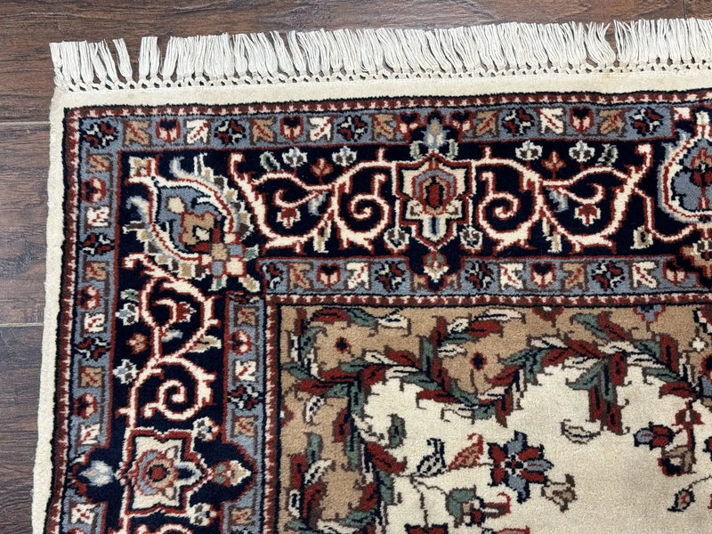 Indian Kashmiri Rug 4x6, Ivory Beige Navy Blue, Traditional Indo Persian Rug by Jewel Rugs