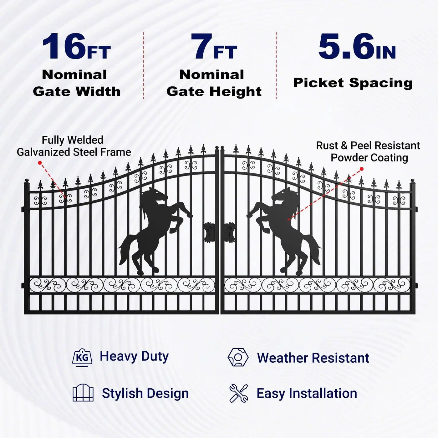 16x7 ft Steel Dual Swing Driveway Gate with Horse Pattern by Chery Industrial
