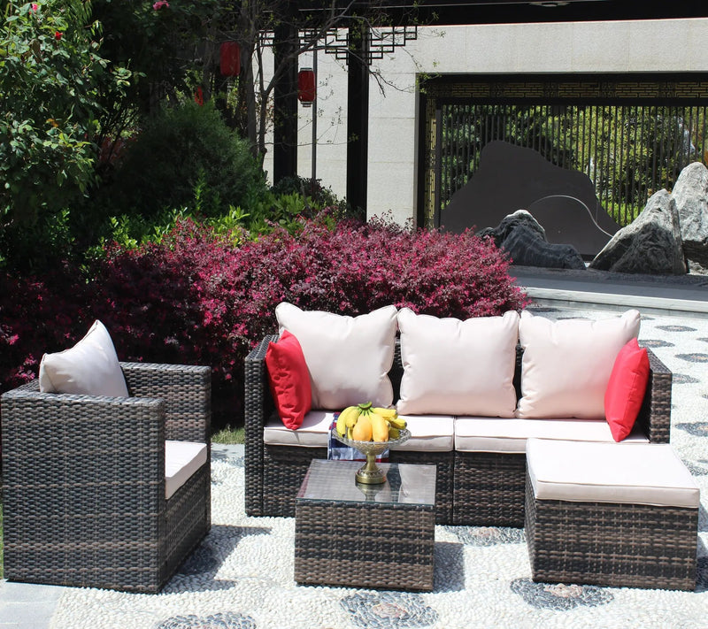 Rattan Patio Furniture Set Wicker Sofa Cushioned Sectional (4 Pieces, Brown) by HouseOfZazla