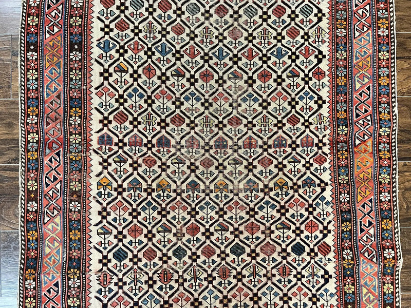 Antique Caucasian Rug 4x5, Hand Knotted Handmade Shirvan Oriental Carpet, Ivory Red Rug Allover Pattern, Rare Wool Rug, Tribal Geometric Rug by Jewel Rugs