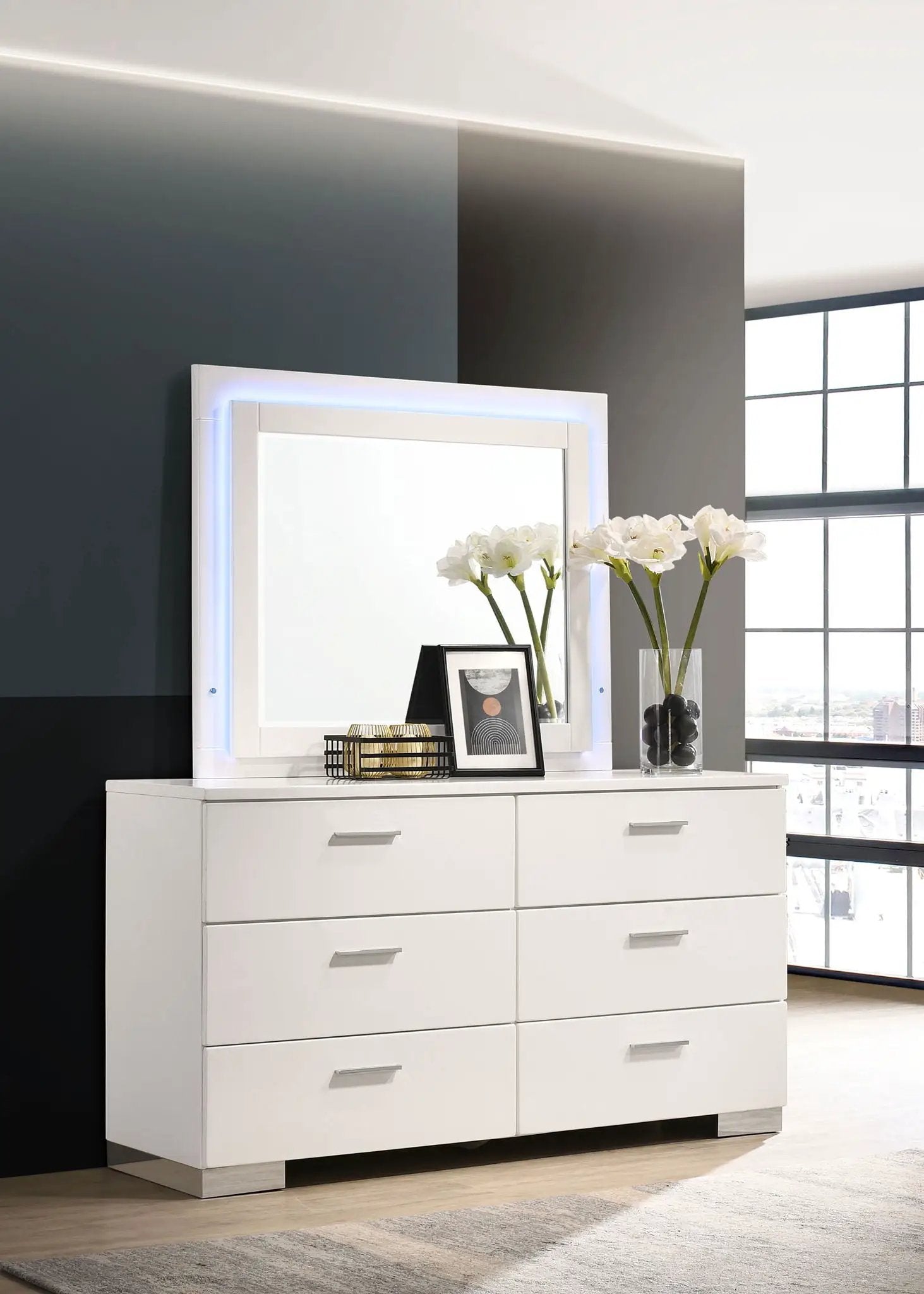 Felicity 6-drawer Dresser with LED Mirror White High Gloss by Unique Piece Furniture