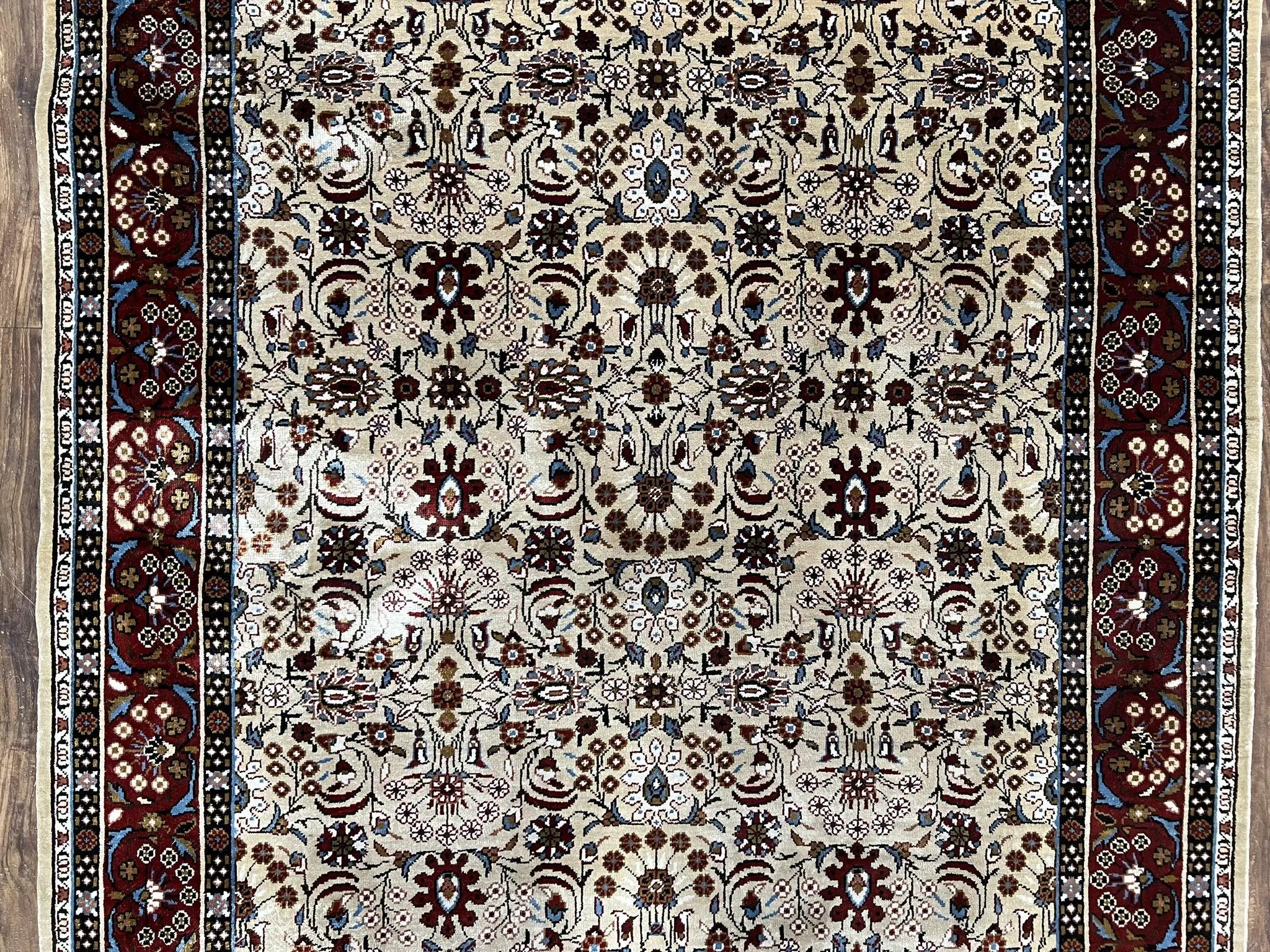 Fine Sino-Persian Silk Rug 3x5, High Quality Silk Carpet, Handmade Small Silk Rug, Allover Repeated Motif, Tan Maroon Blue Vintage Silk Rug by Jewel Rugs