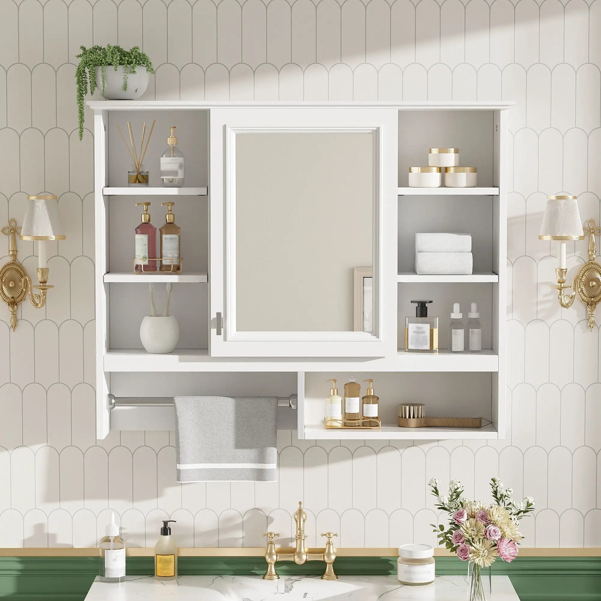 Wall Mount 2 In 1 Mirror Cabinet With Adjustable Shelves, Open Storage, For Bathroom Vanity - White by Unique Piece Furniture