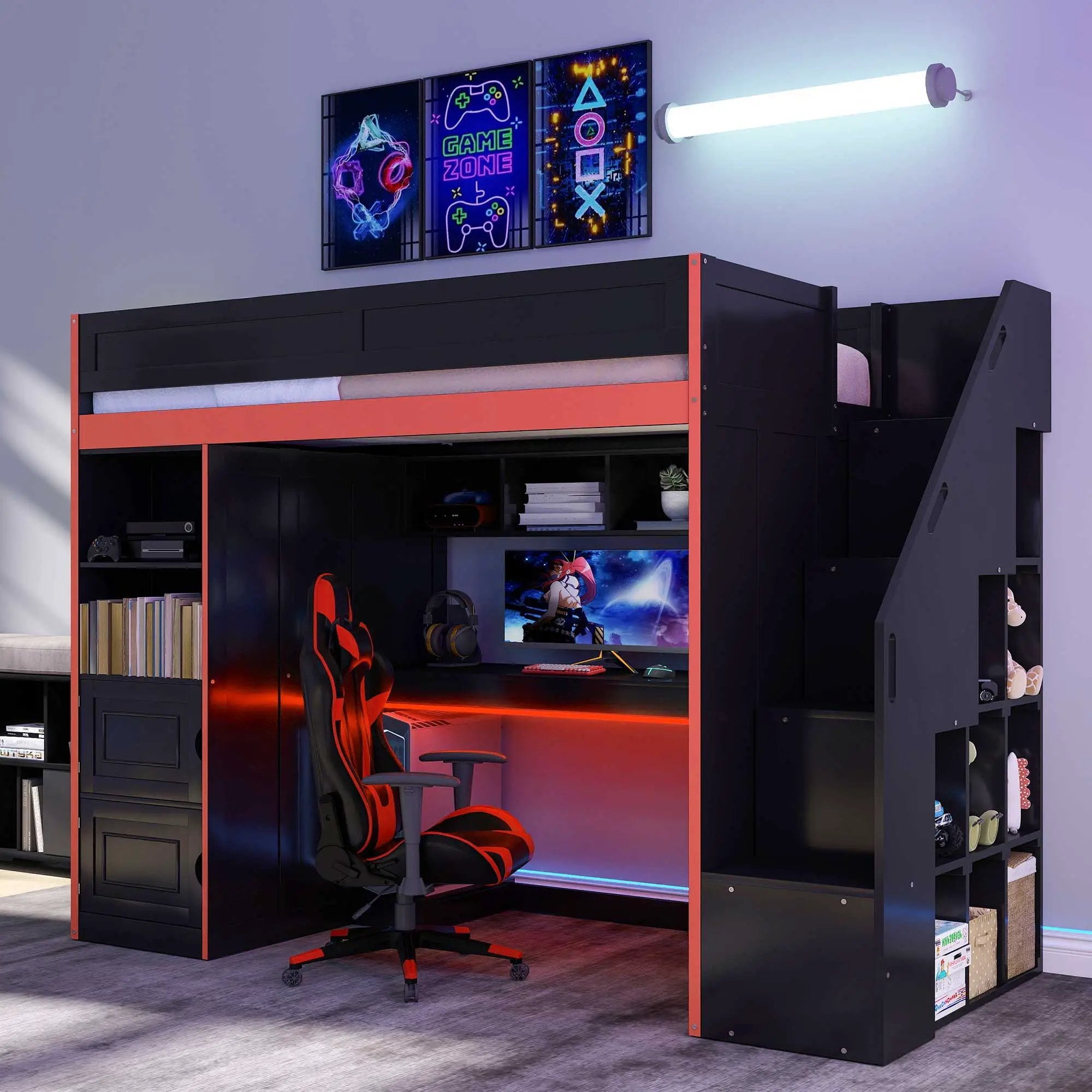 Gaming Loft Bed With Desk And Storage, LED Lights by HouseOfZazla