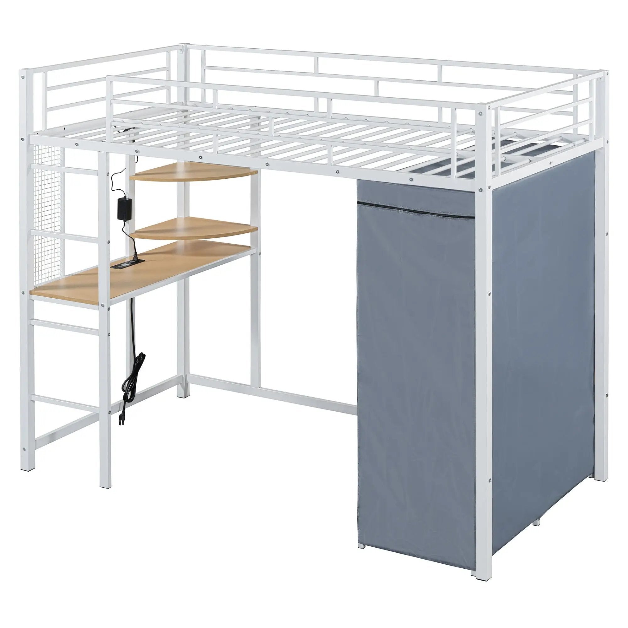 Loft Bed With Desk, Shelves, Power Outlet, LED Light And Wardrobe by HouseOfZazla