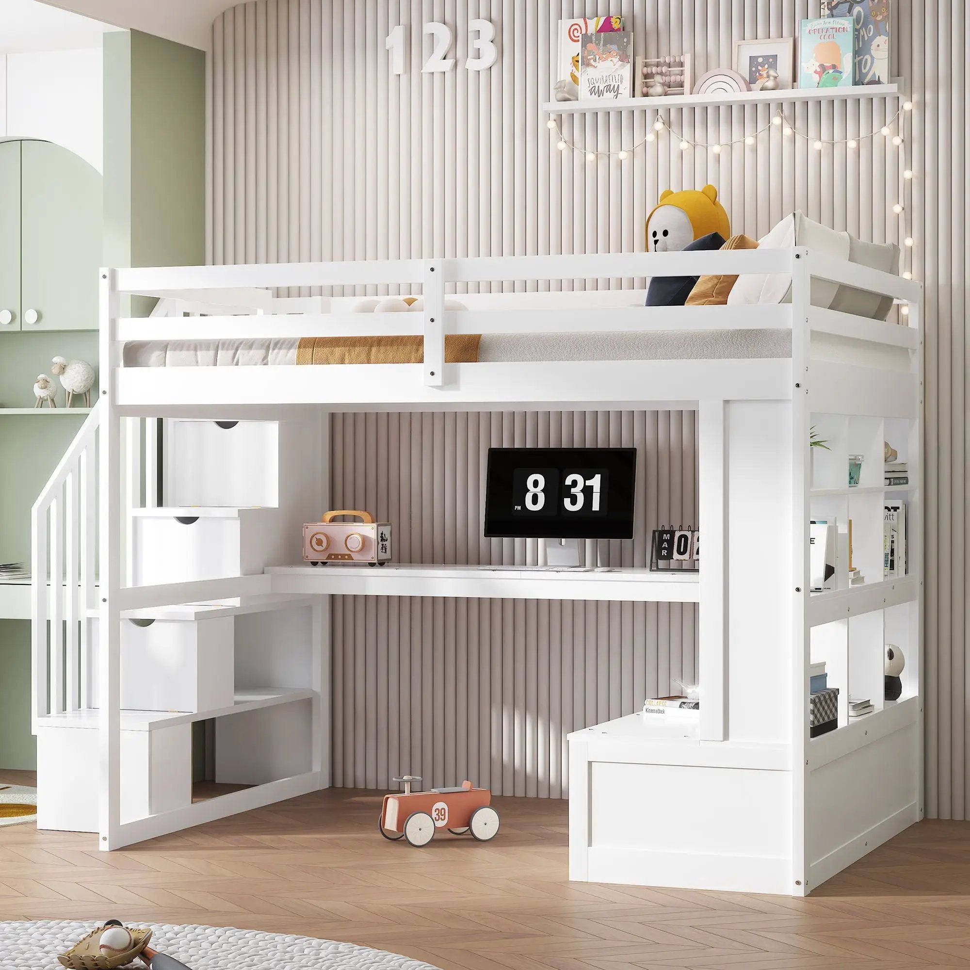 Full Size Loft Bed With Desk And Shelves, 2 Built In Drawers, Storage Staircase - White by Unique Piece Furniture