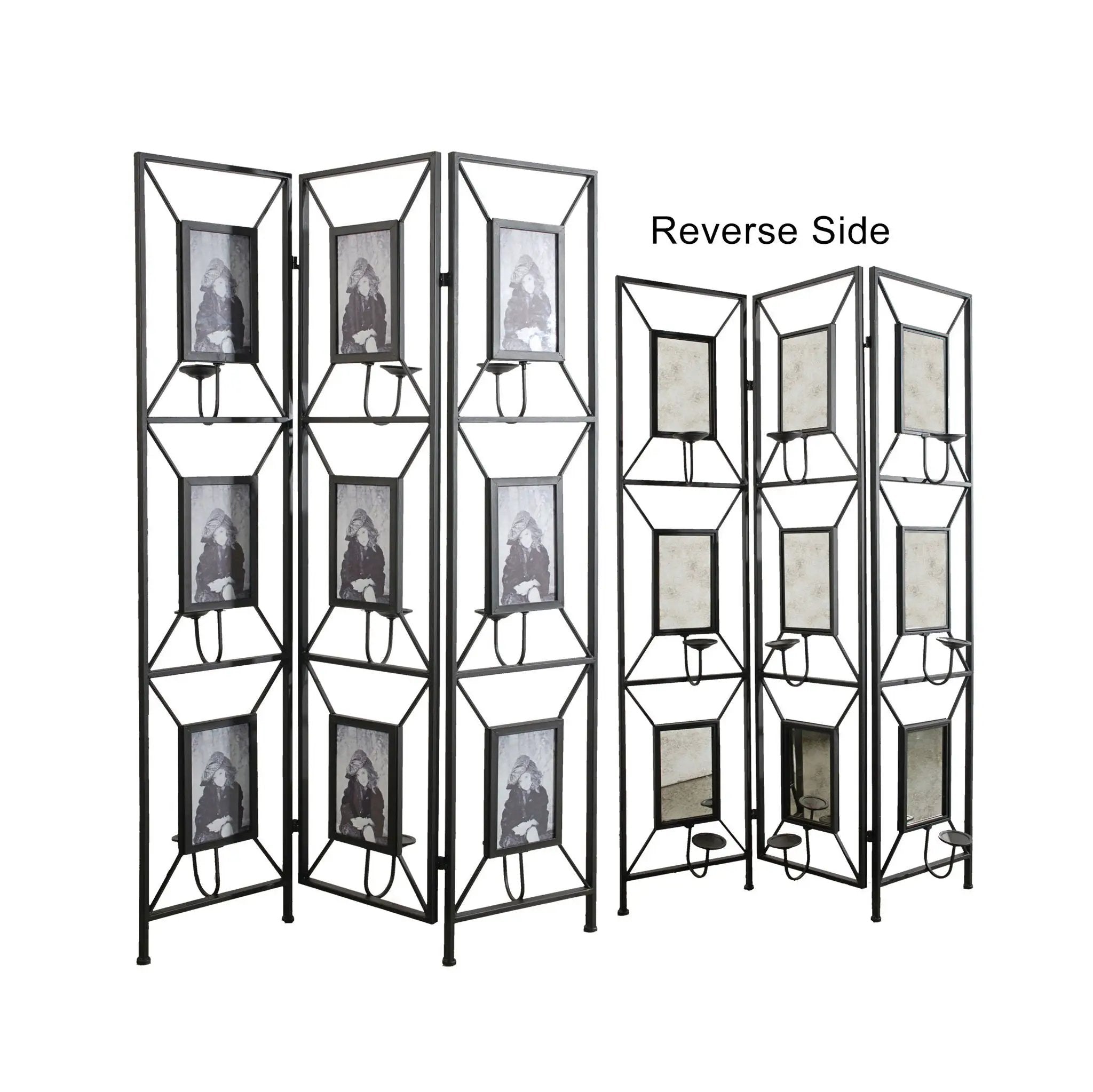 Room Photo Frames Screen Divider Screens, 3 Panel Decorative Screen With Photo Frames, Antique Mirror, Candle Stick - Black by Unique Piece Furniture