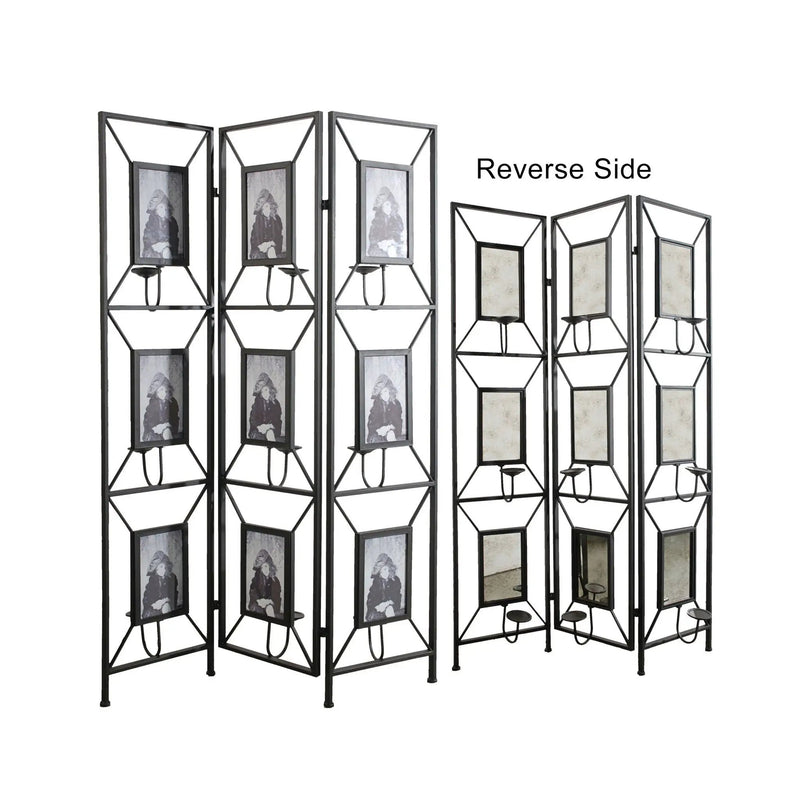 Room Photo Frames Screen Divider Screens, 3 Panel Decorative Screen With Photo Frames, Antique Mirror, Candle Stick - Black by HouseOfZazla